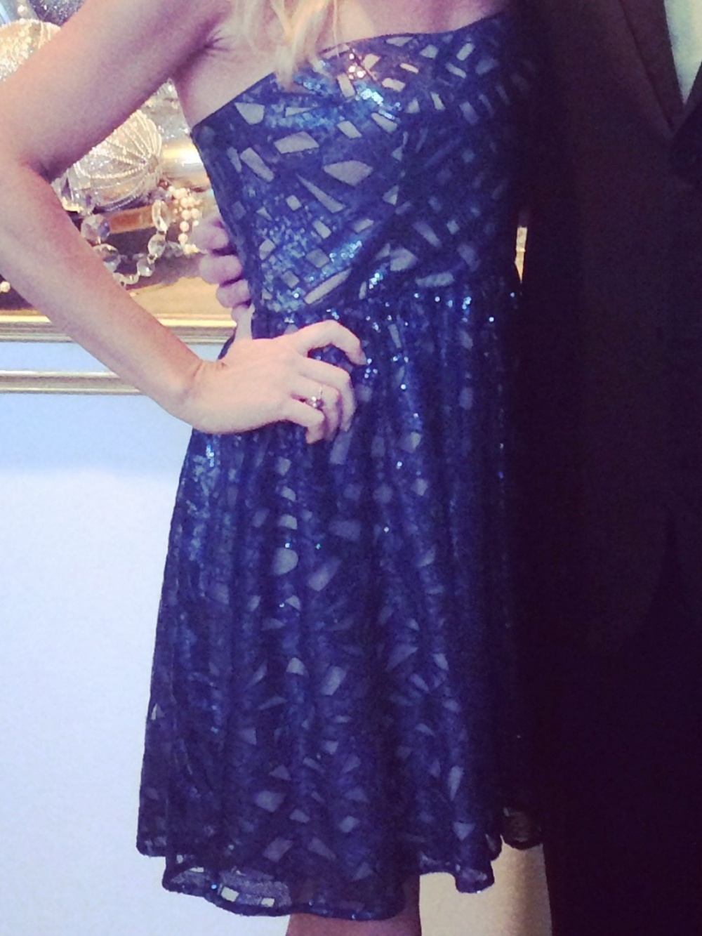 Aidan Mattox Navy Blue Sequin Lace Fit and Flare Strapless Cocktail Dress Size 4